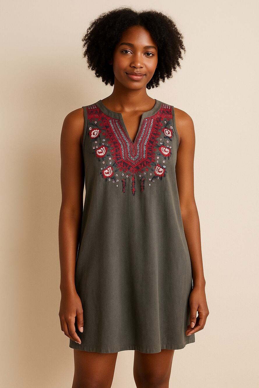 Andree by Unit Olive Green Embroidered Sleeveless Shift Dress Small